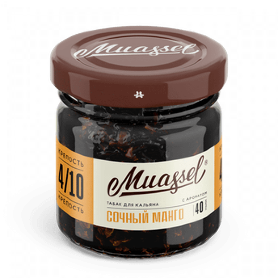 Фото и внешний вид — Табак для кальяна MUASSEL (4/10) 40гр - Сочный Манго